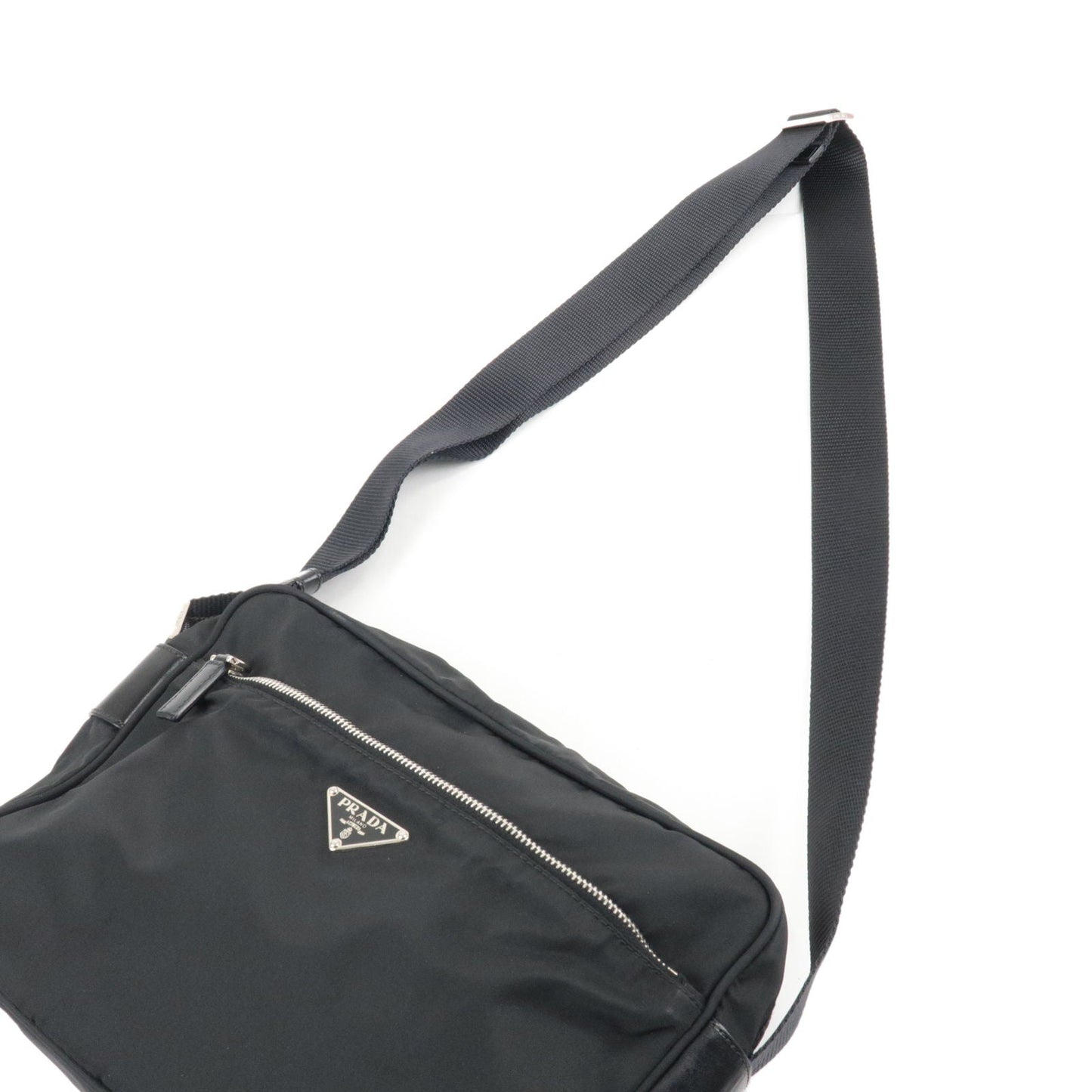 Prada Logo Nylon Leather Crossbody Shoulder Bag Black