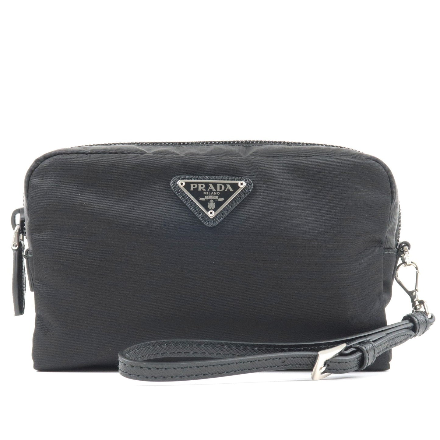 Prada Logo Nylon Leather Pouch Clutch Bag NERO Black 1NE021