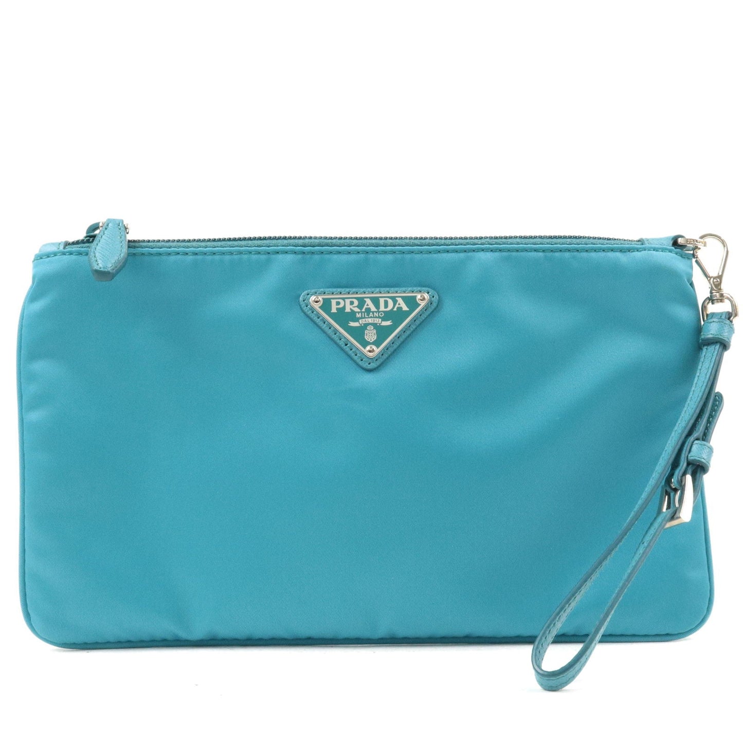 Prada Logo Nylon Leather Clutch Bag Pouch Turquoise 1NH545