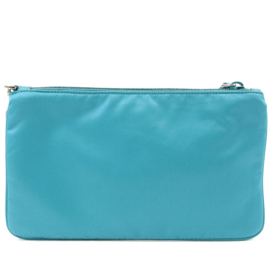 Prada Logo Nylon Leather Clutch Bag Pouch Turquoise 1NH545