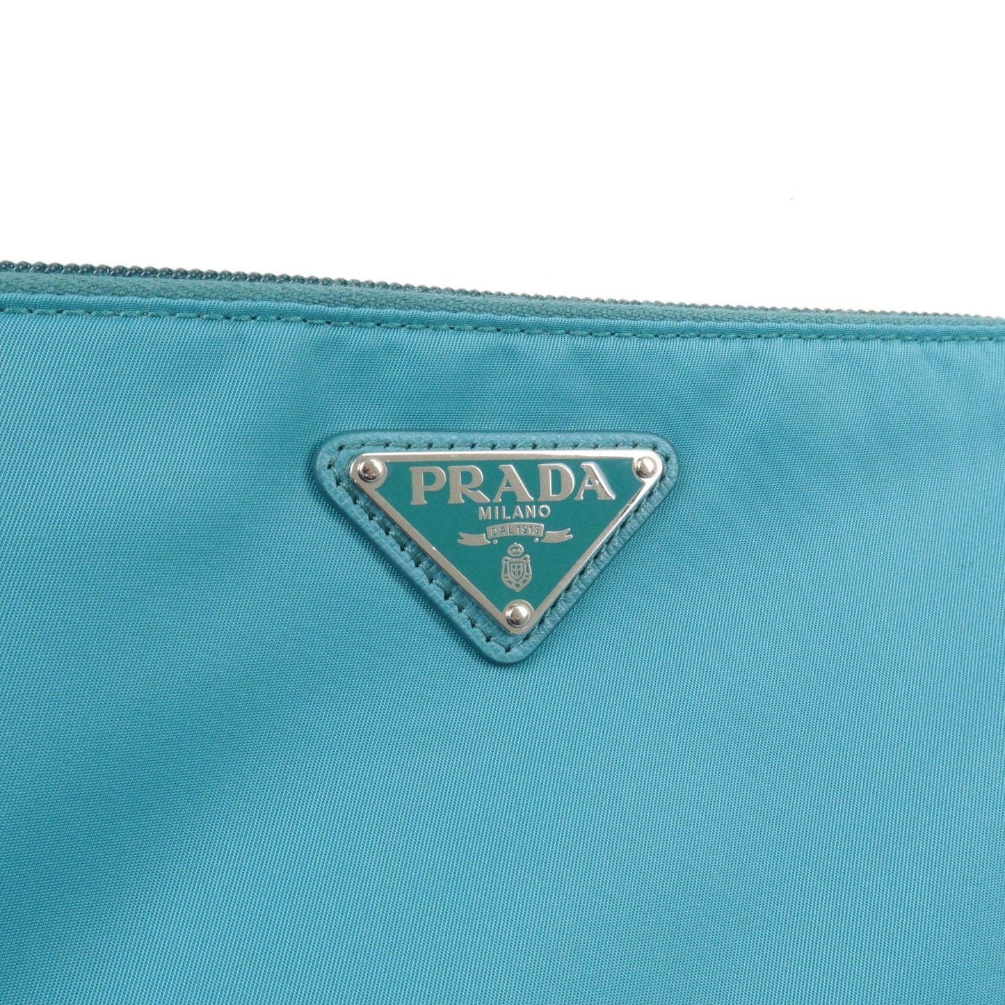 Prada Logo Nylon Leather Clutch Bag Pouch Turquoise 1NH545