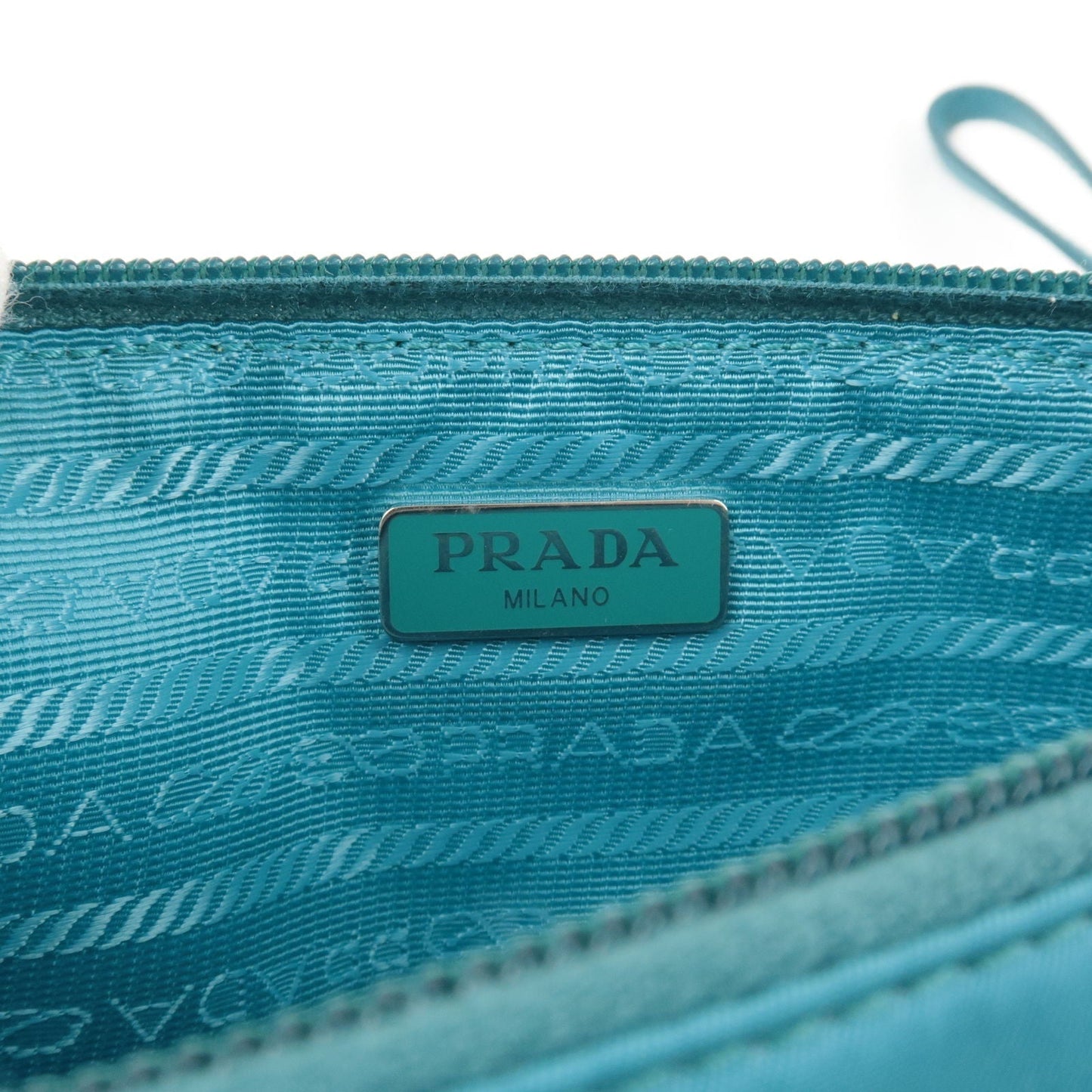 Prada Logo Nylon Leather Clutch Bag Pouch Turquoise 1NH545