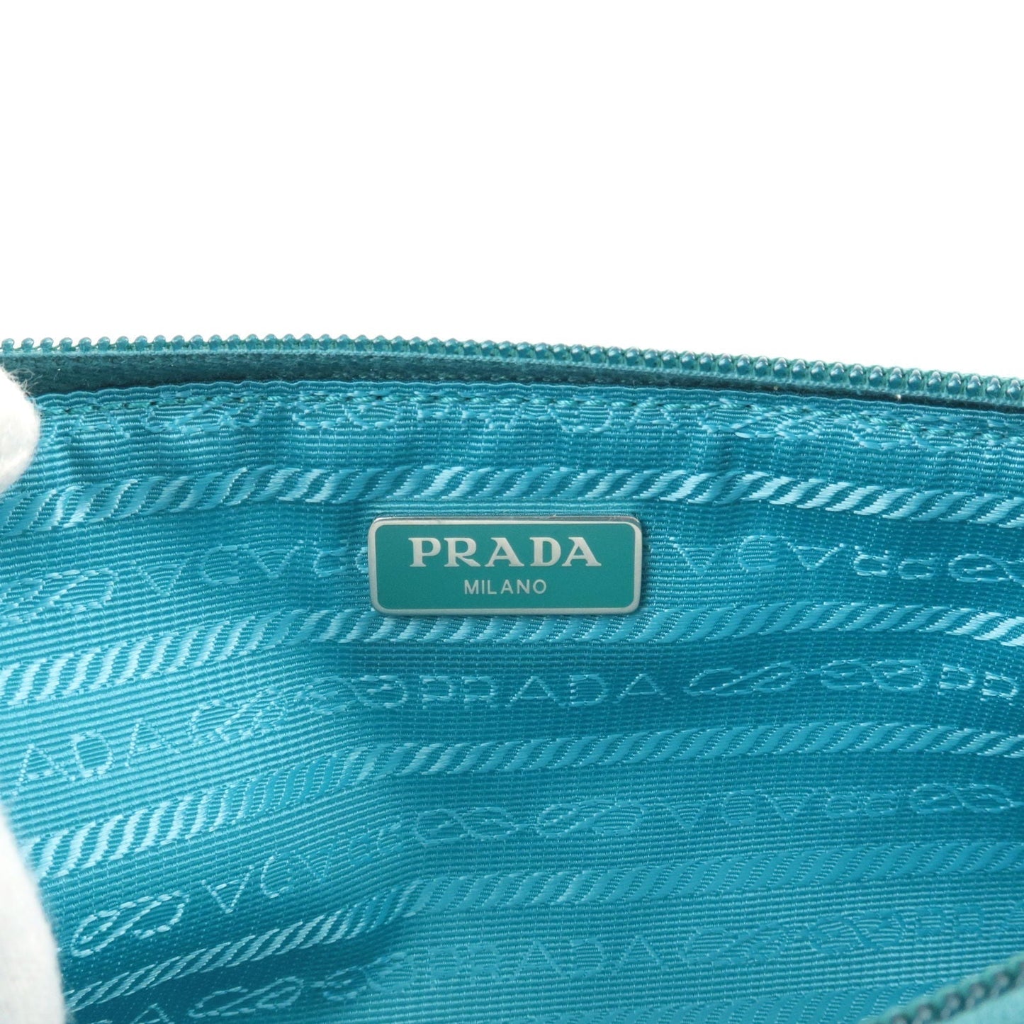 Prada Logo Nylon Leather Clutch Bag Pouch Turquoise 1NH545