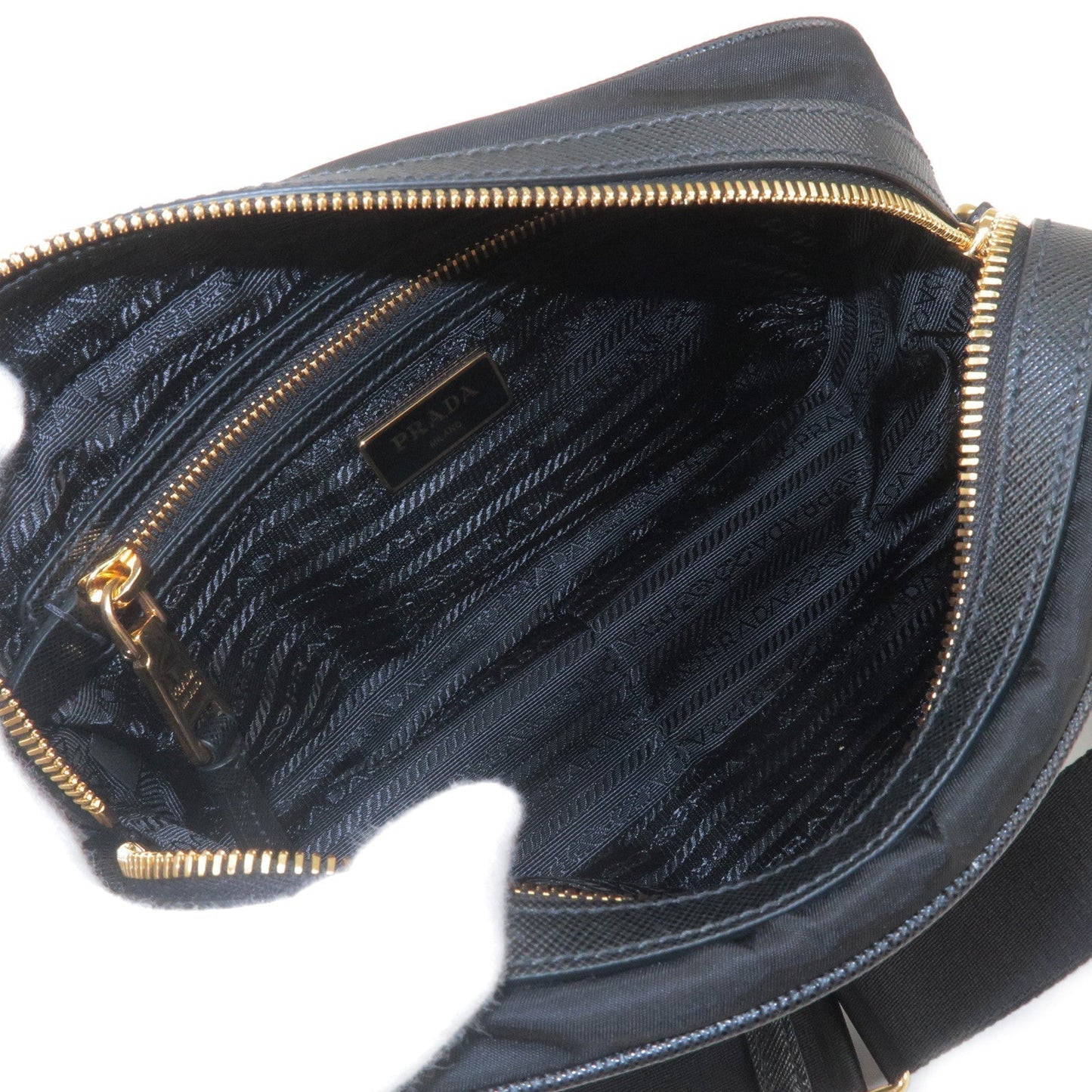 Prada Logo Nylon Leather Shoulder Bag NERO Black Gold 1BH089