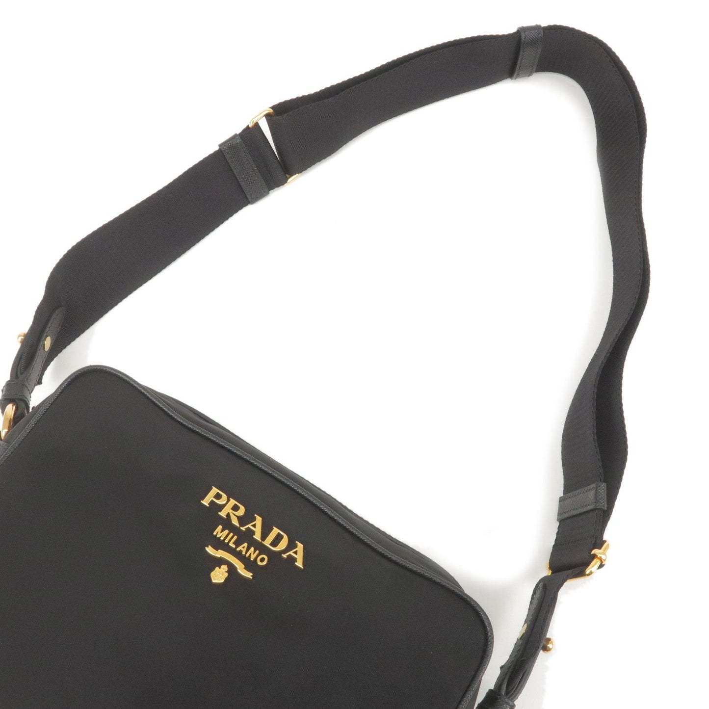 Prada Logo Nylon Leather Shoulder Bag NERO Black Gold 1BH089