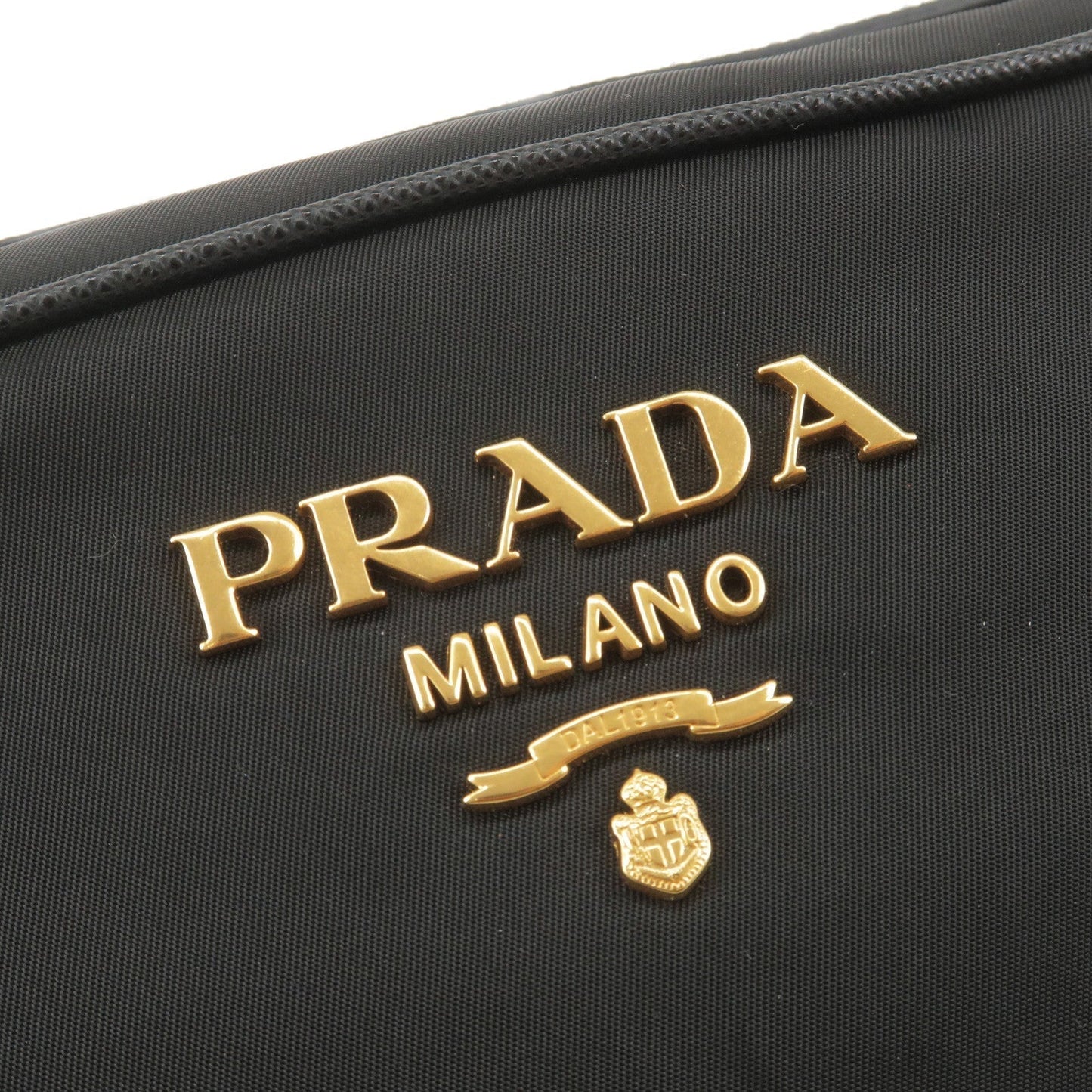 Prada Logo Nylon Leather Shoulder Bag NERO Black Gold 1BH089