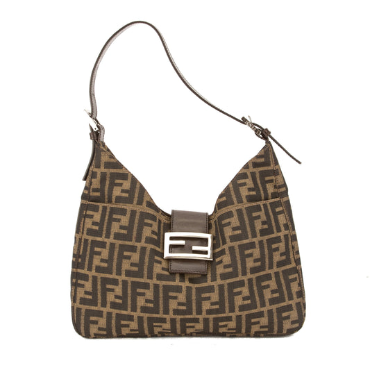 Fendi Brown Leather Zucca Canvas Tote Bag ( )