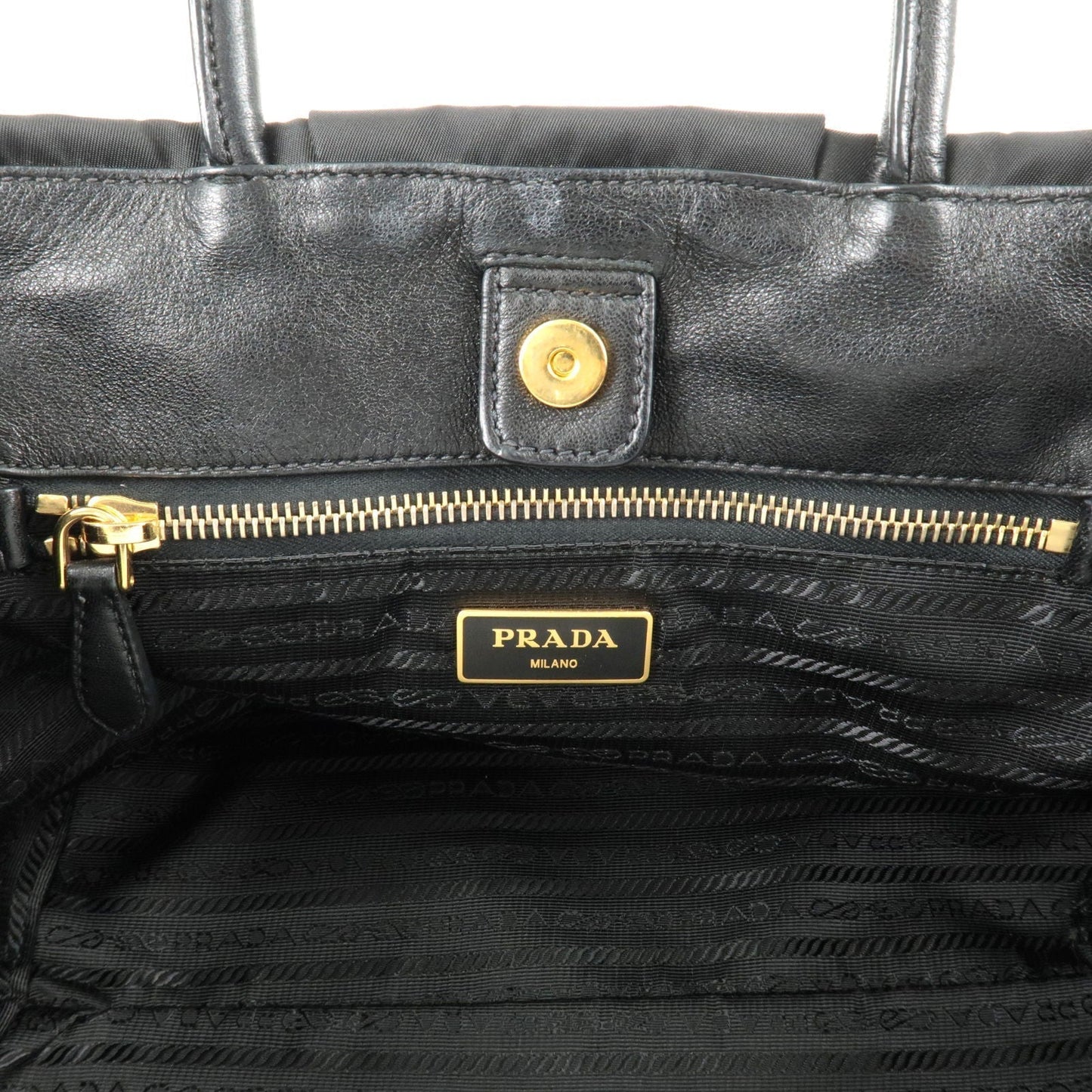 Prada Logo Nylon Leather Ribbon Tote Bag NERO Black BN1601