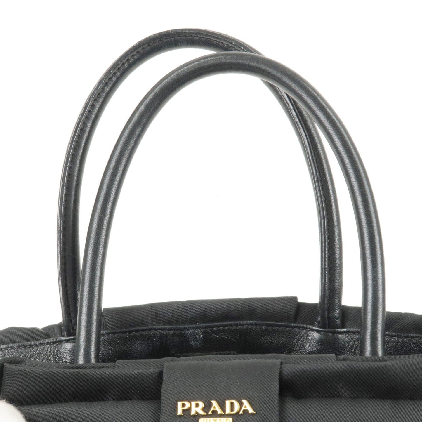 Prada Logo Nylon Leather Ribbon Tote Bag NERO Black BN1601