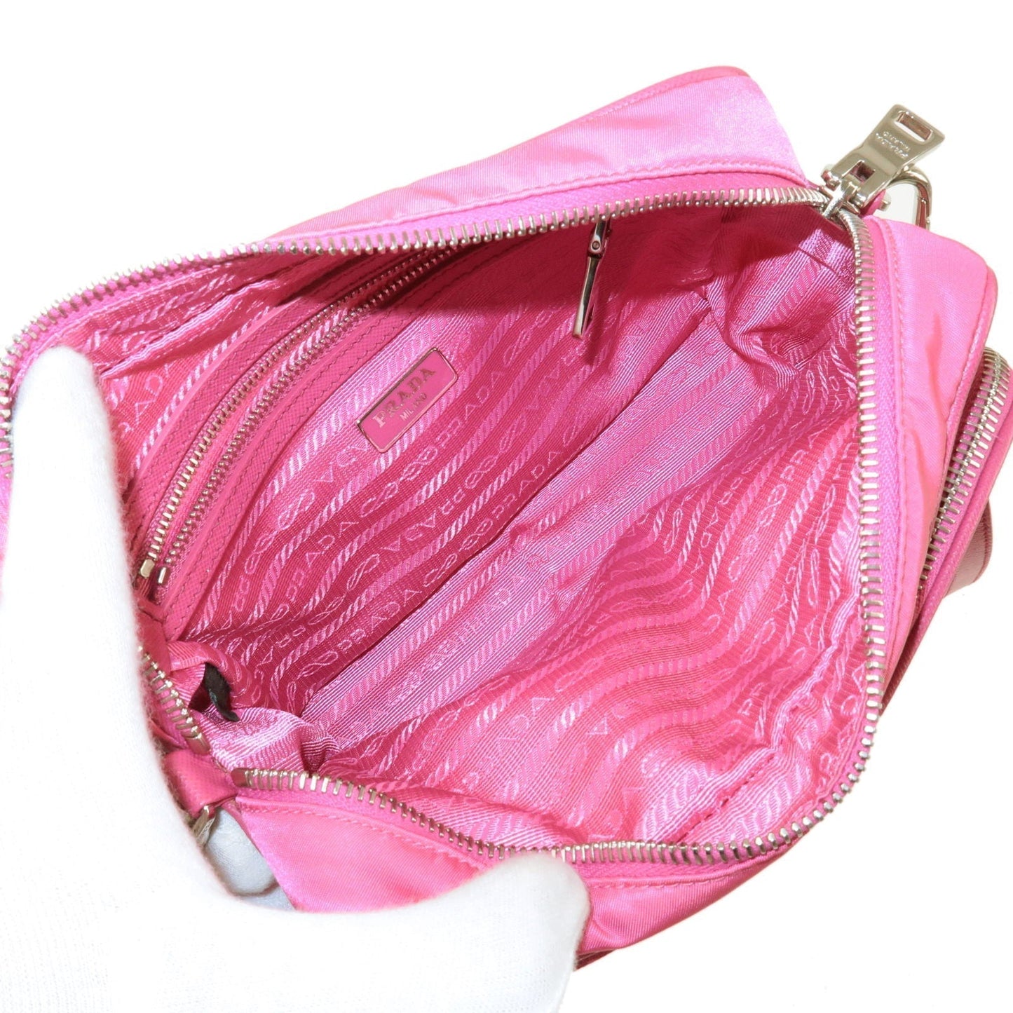 Prada Logo Nylon Leather Crossbody Shoulder Bag FUXIA Pink BT1010