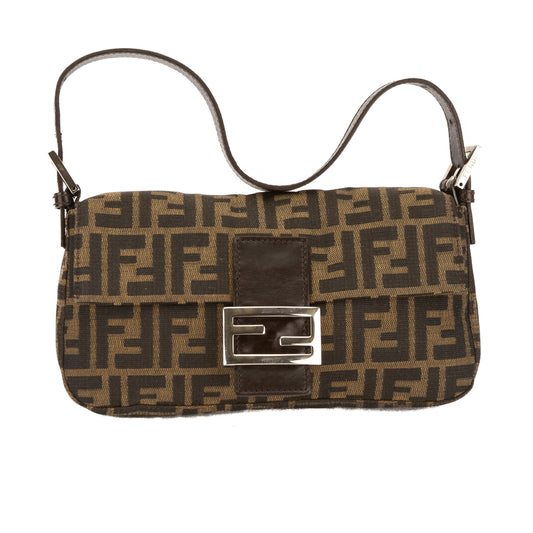 Fendi Brown Leather Zucca Canvas Tote Bag ( )