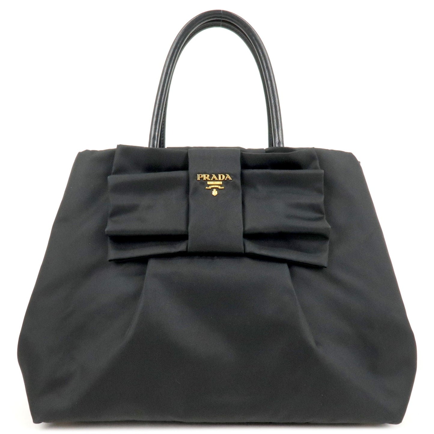 Prada Logo Nylon Leather Ribbon Tote Bag Black NERO BN1601