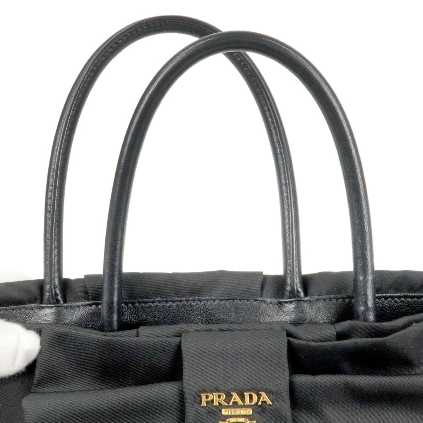 Prada Logo Nylon Leather Ribbon Tote Bag Black NERO BN1601