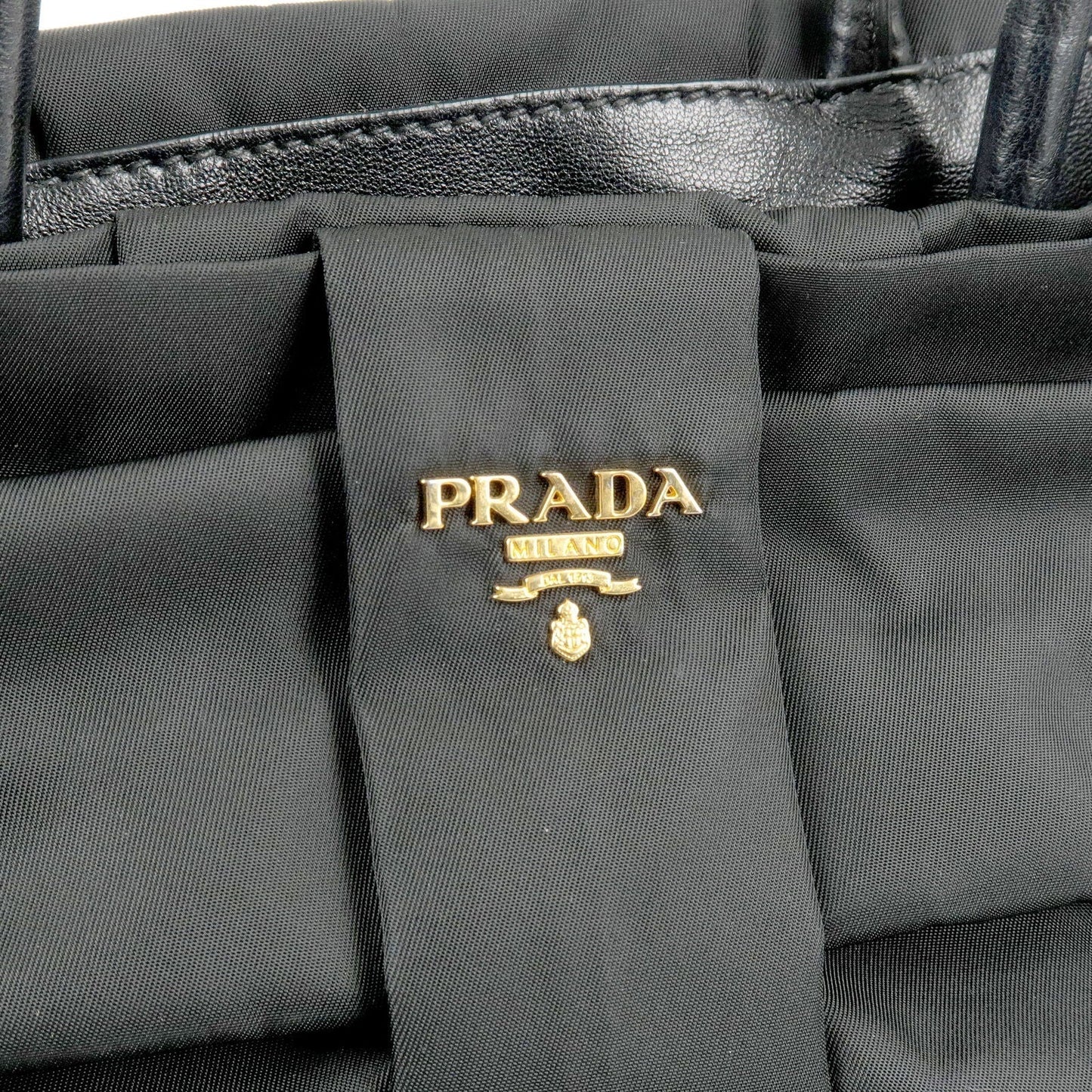 Prada Logo Nylon Leather Ribbon Tote Bag Black NERO BN1601