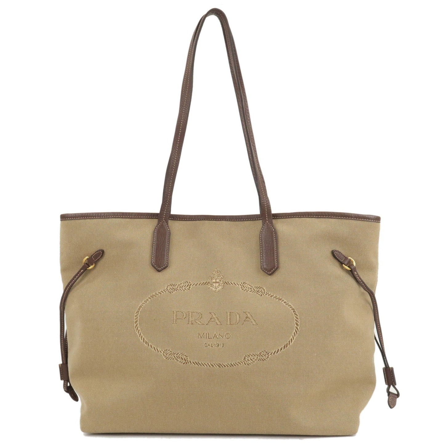 Prada Logo Jacquard Leather Tote Bag Hand Bag Beige Brown