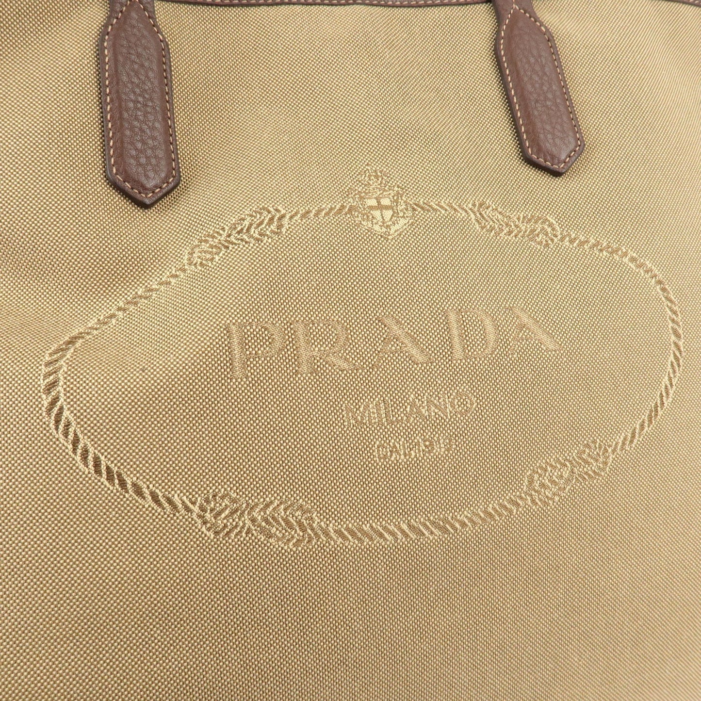 Prada Logo Jacquard Leather Tote Bag Hand Bag Beige Brown