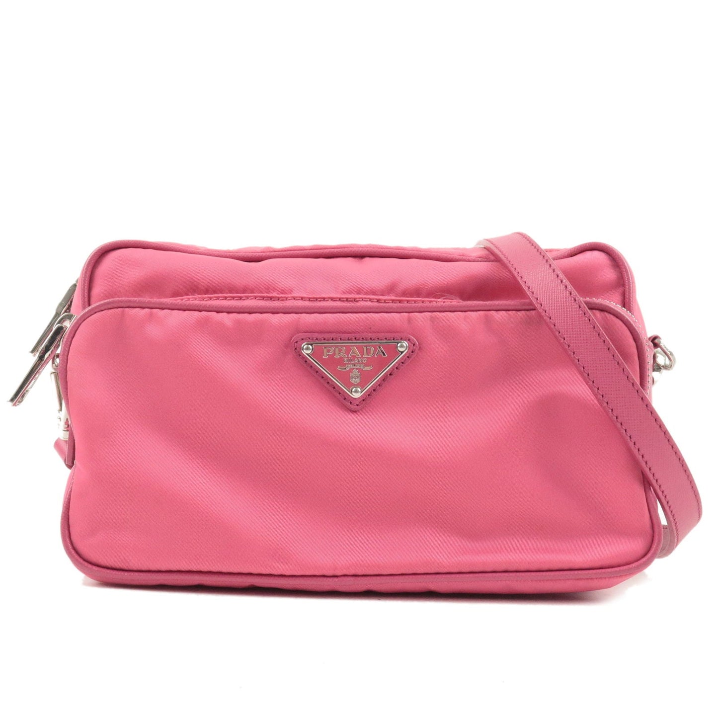 Prada Logo Nylon Leather Crossbody Shoulder Bag FUXIA Pink BT1010