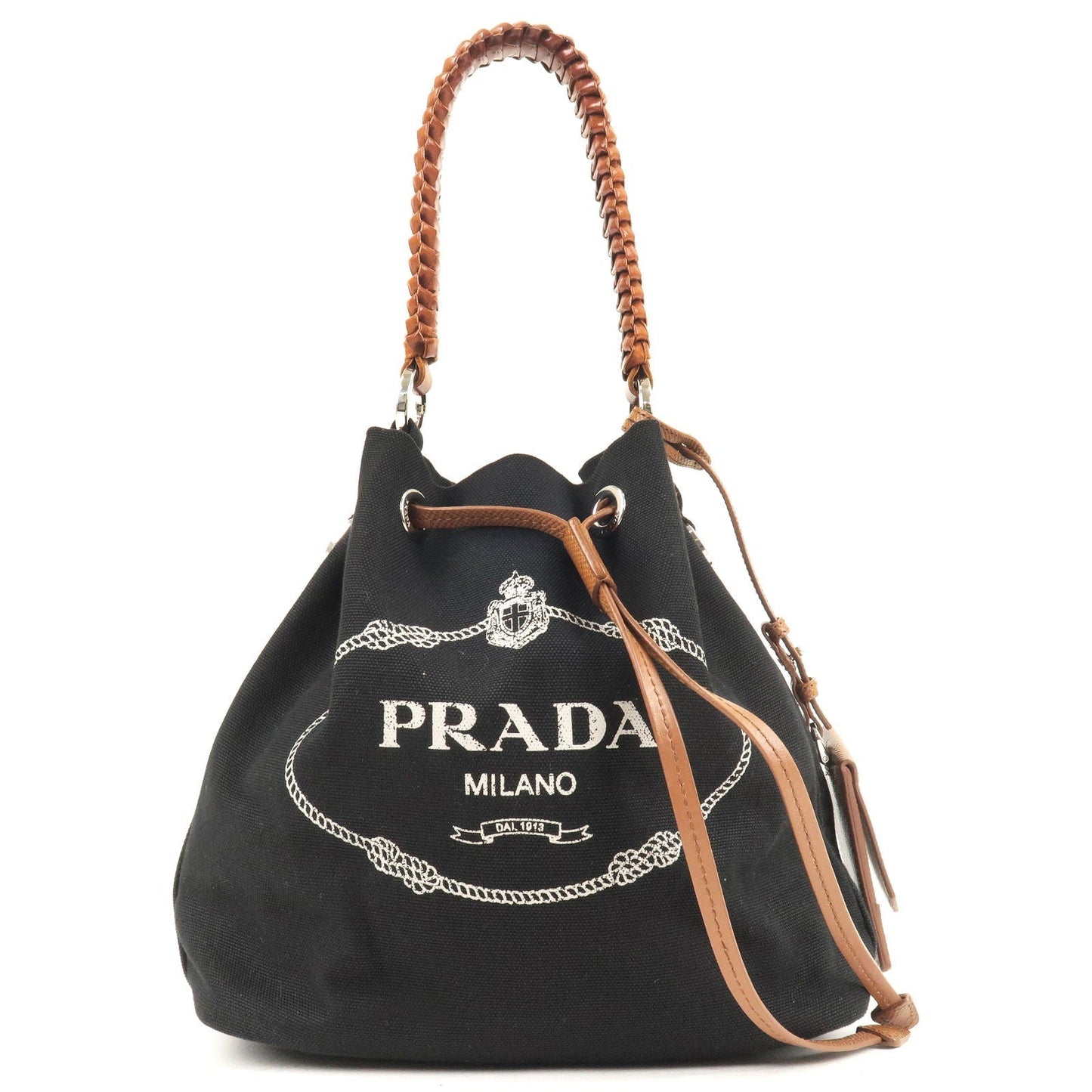 Prada Canvas Leather Bucket Shoulder Bag Black 1BE032