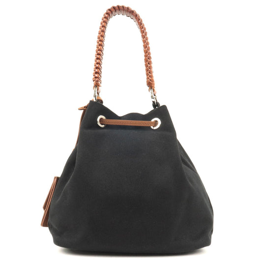 Prada Canvas Leather Bucket Shoulder Bag Black 1BE032