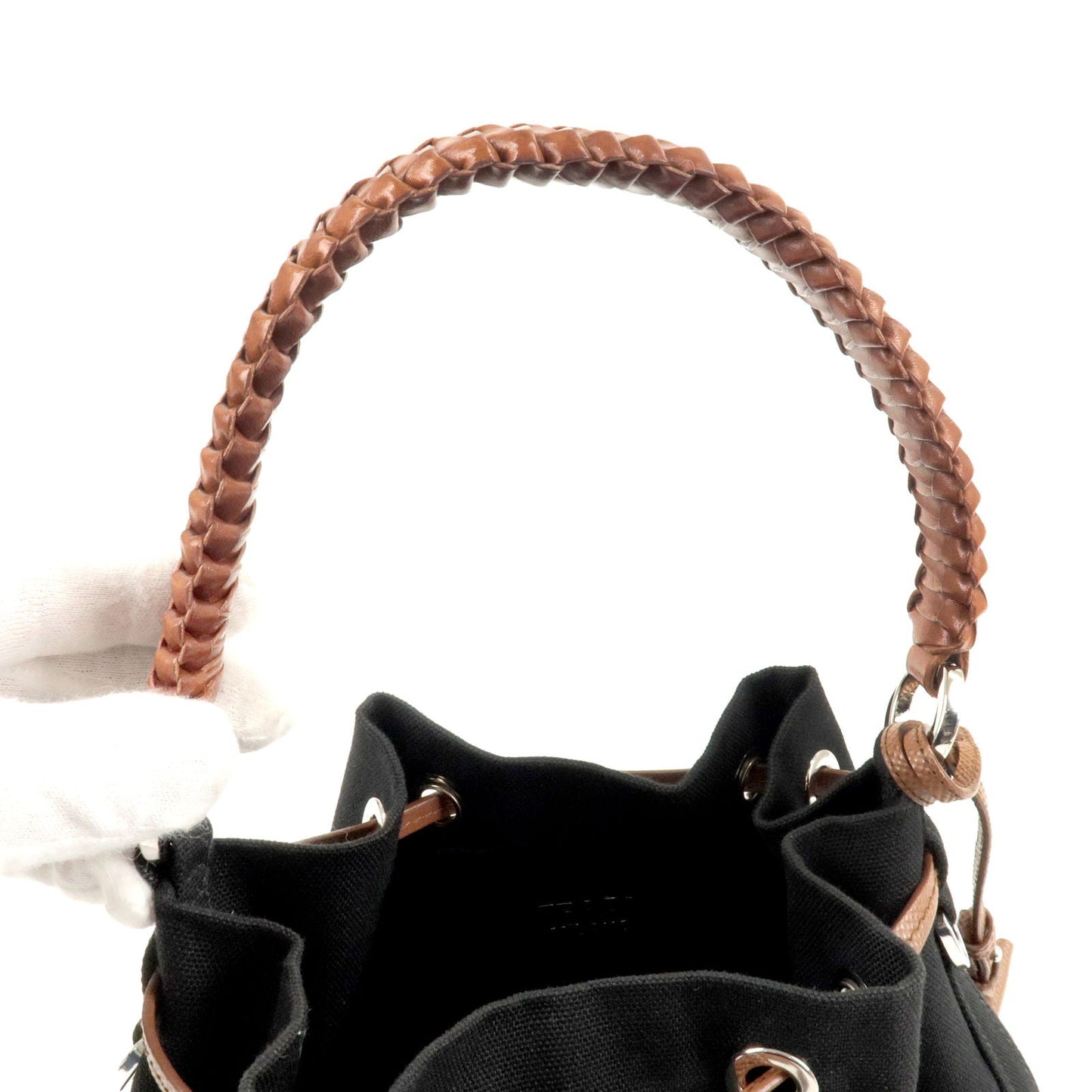 Prada Canvas Leather Bucket Shoulder Bag Black 1BE032