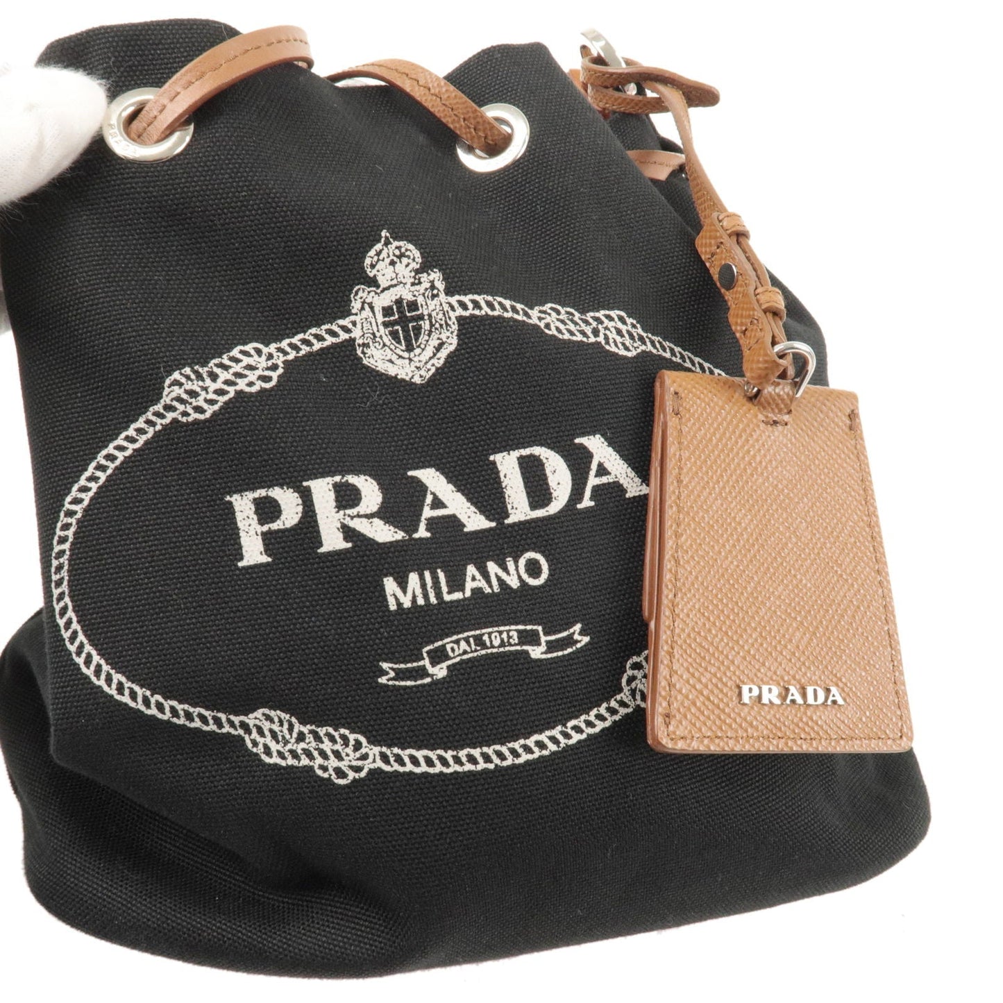 Prada Canvas Leather Bucket Shoulder Bag Black 1BE032