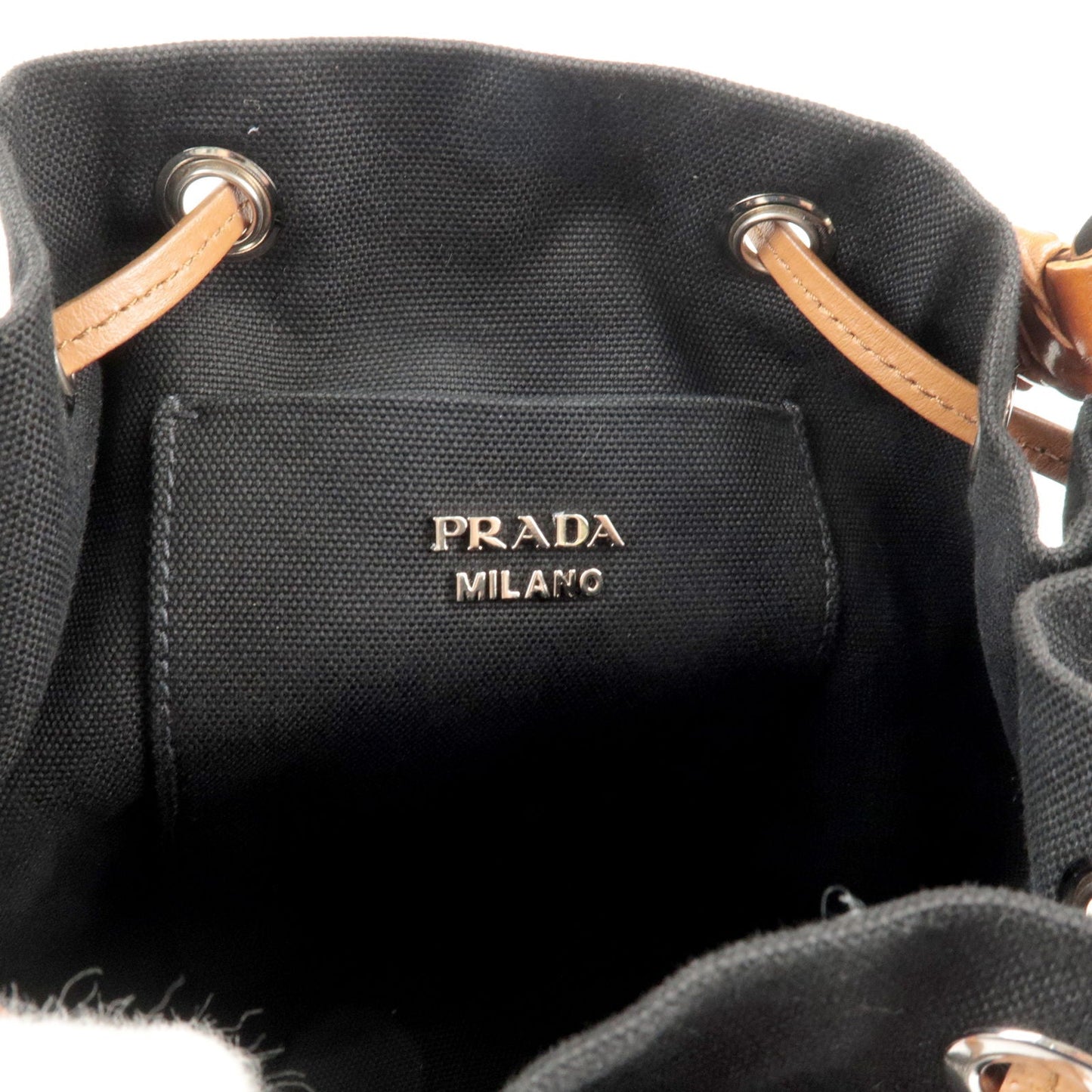 Prada Canvas Leather Bucket Shoulder Bag Black 1BE032