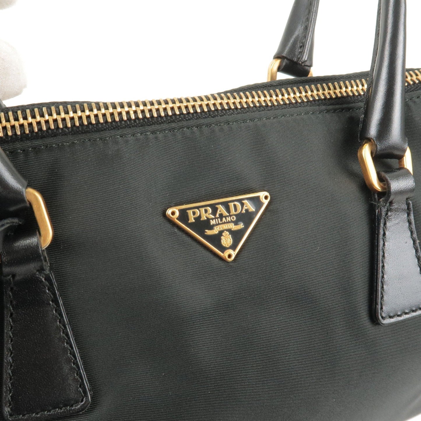 Prada Logo Nylon Leather Hand Bag Black NERO BR0496