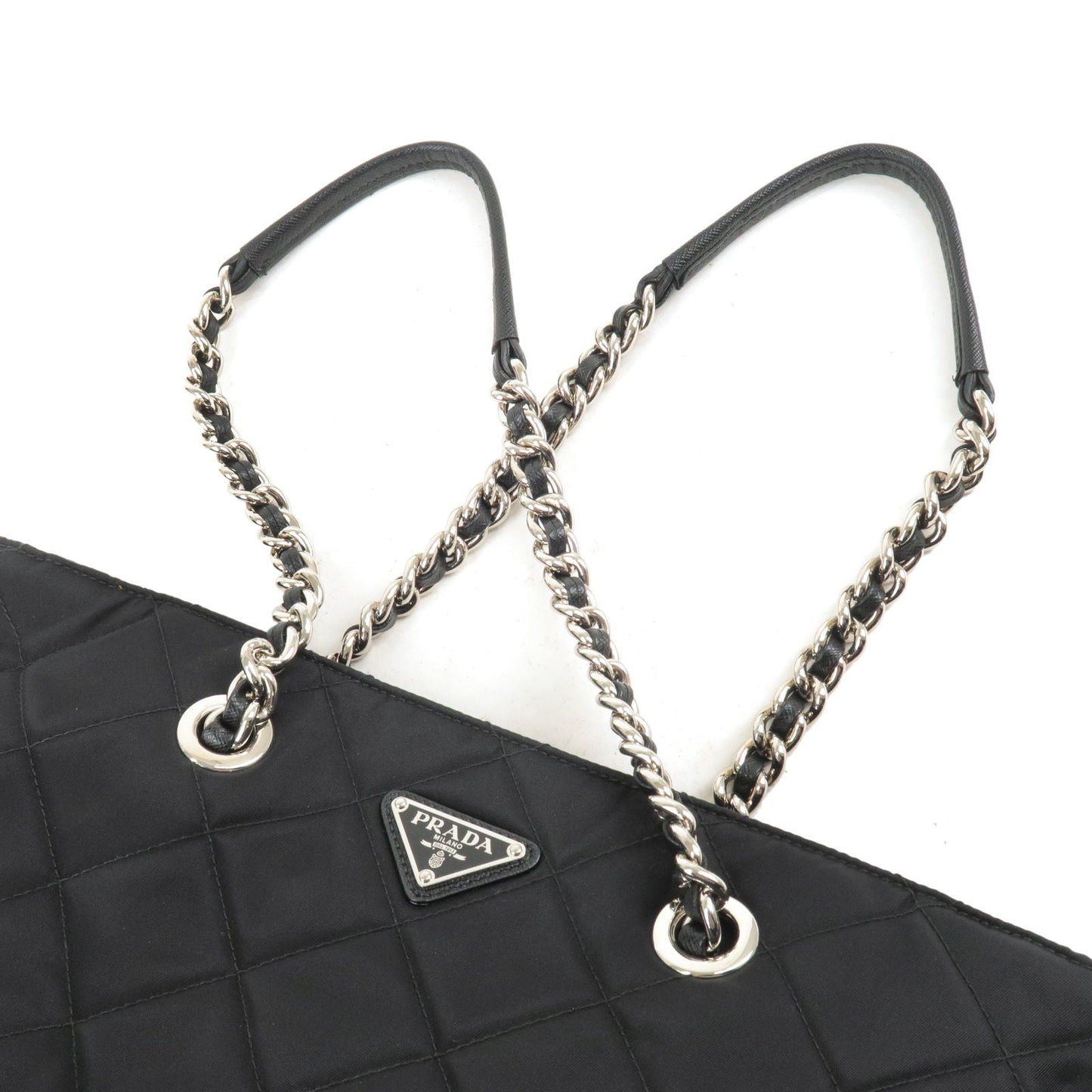 Prada Logo Nylon Leather Quilting Chain Shoulder Bag Black 1BG017