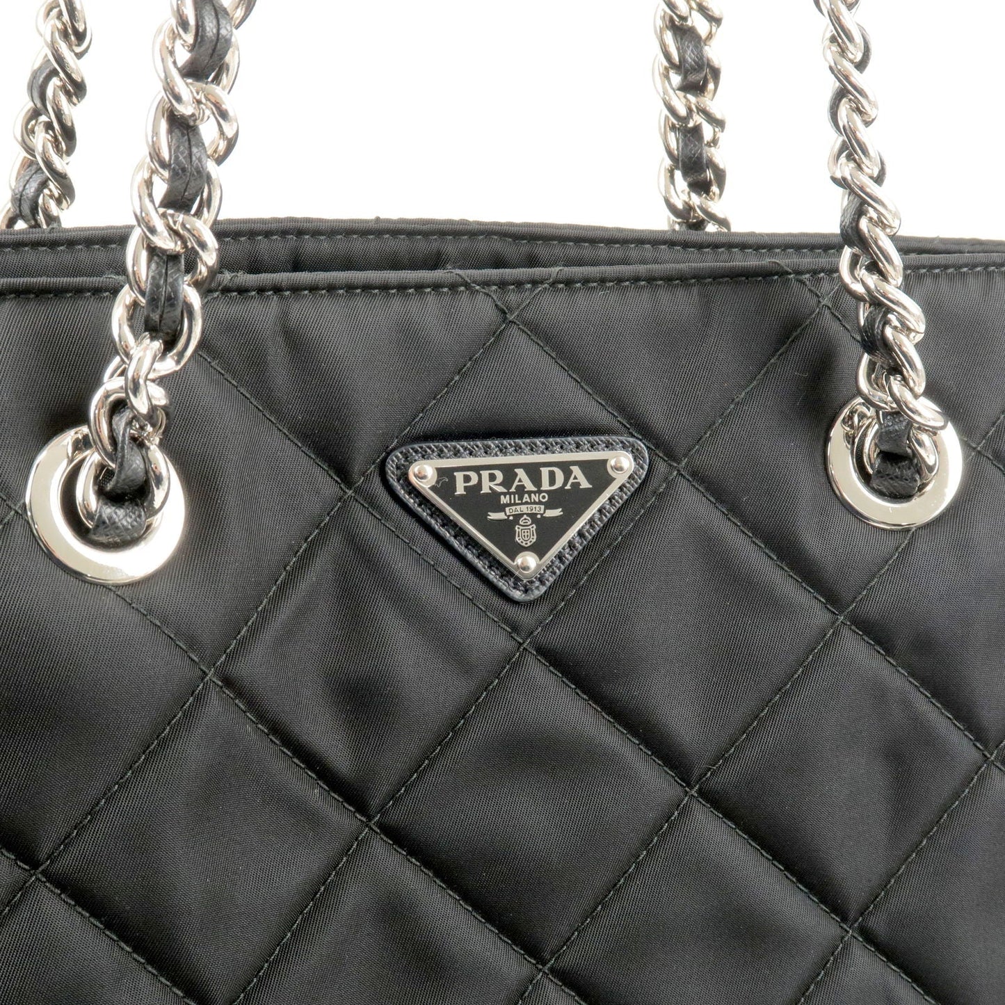 Prada Logo Nylon Leather Quilting Chain Shoulder Bag Black 1BG017