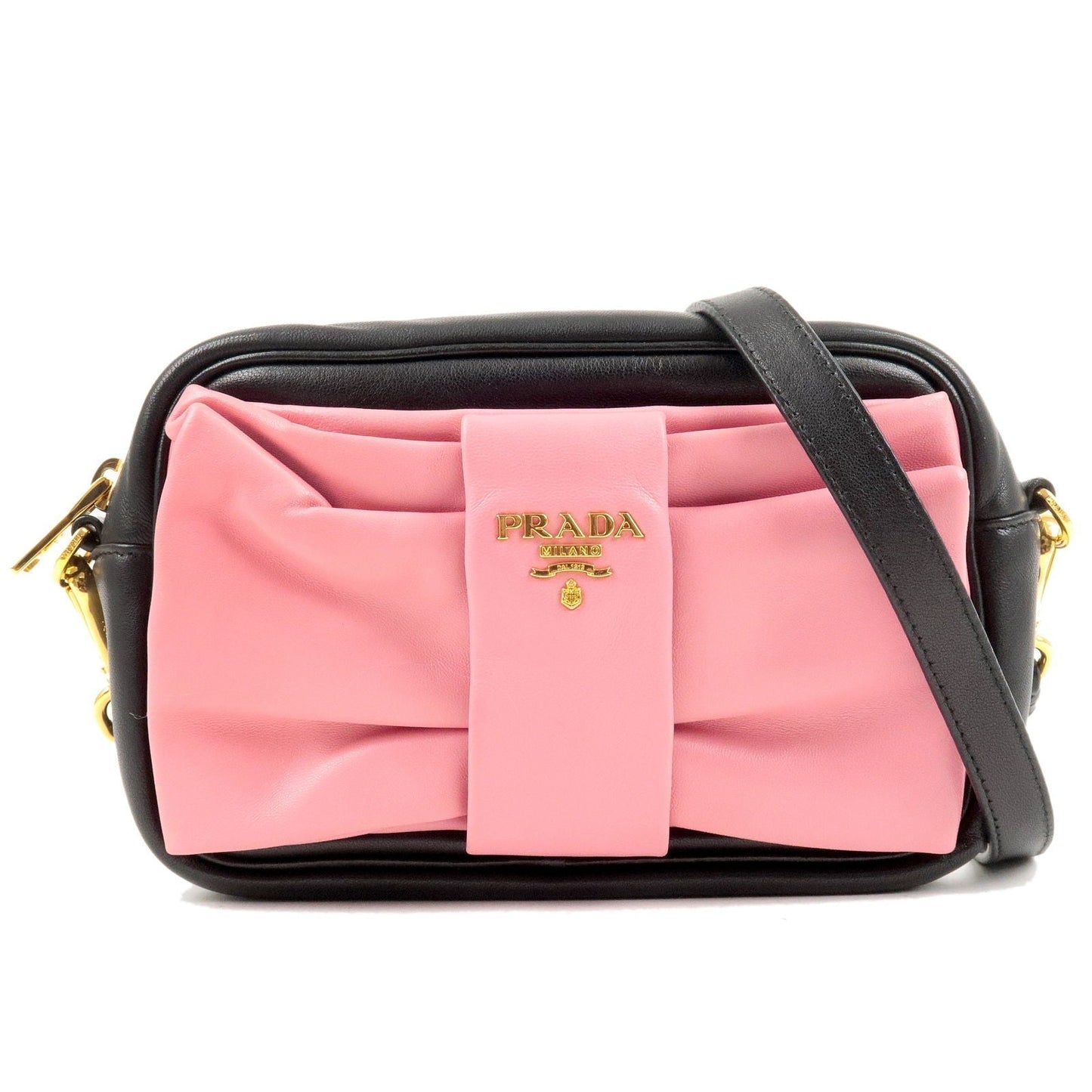 Prada Logo Leather Ribbon Shoulder Bag Pink Black NERO BP0166