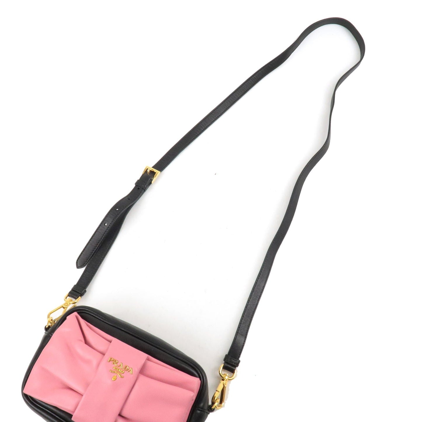 Prada Logo Leather Ribbon Shoulder Bag Pink Black NERO BP0166