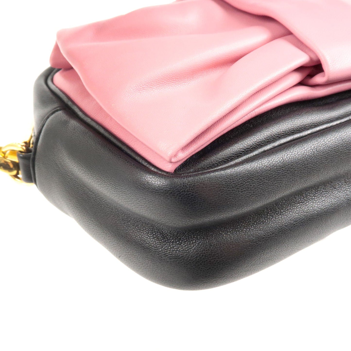 Prada Logo Leather Ribbon Shoulder Bag Pink Black NERO BP0166