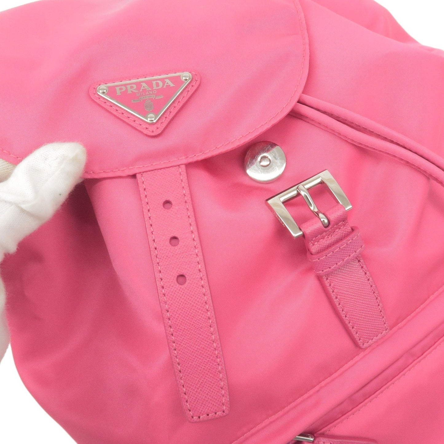 Prada Logo Nylon Leather Ruck Sack Back Pack Bag Pink BZ0032