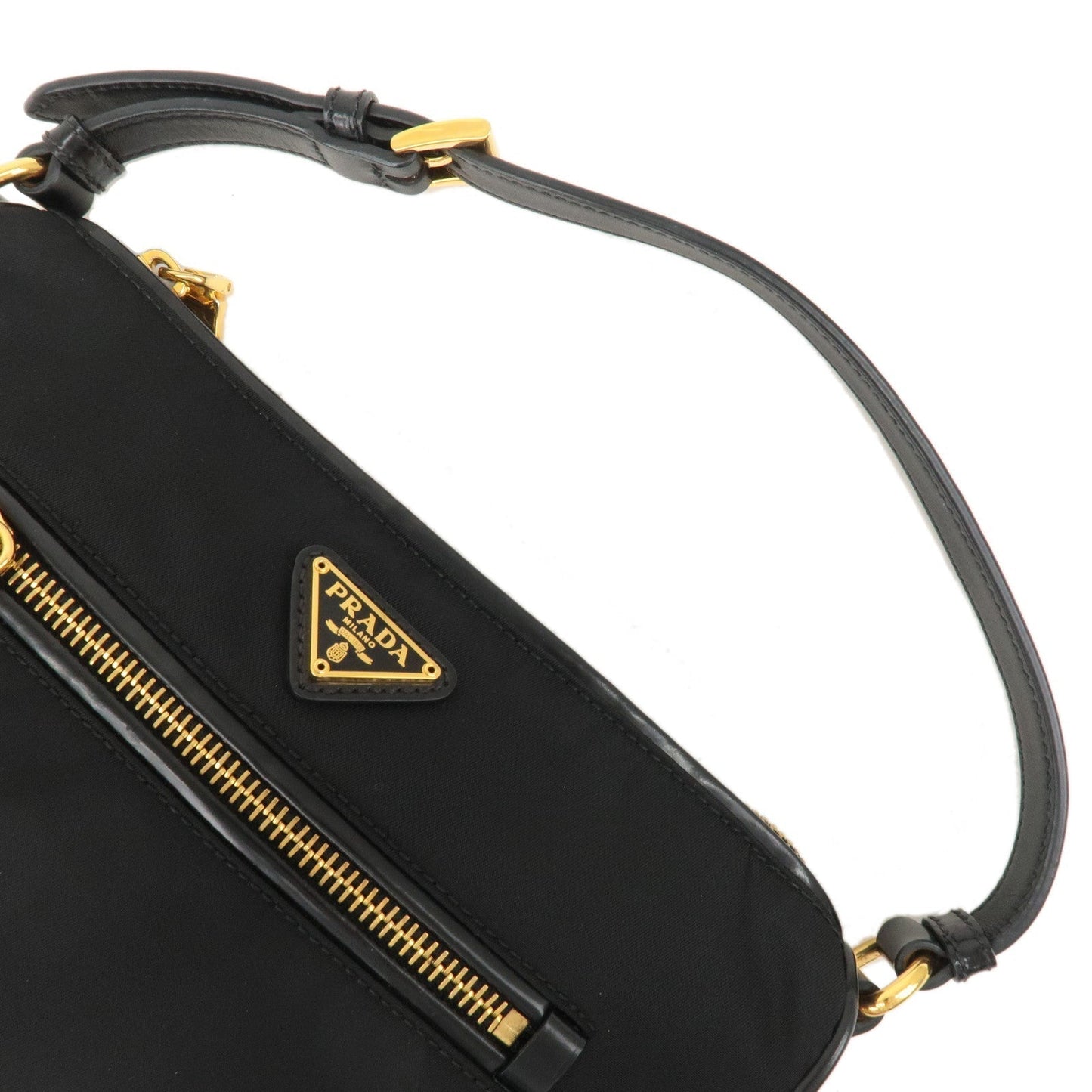 Prada Logo Nylon Leather Shoulder Bag Hand Bag Black BN1834