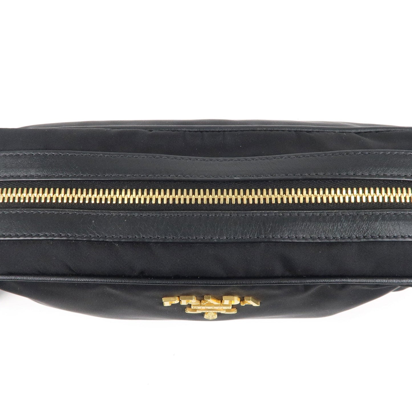 Prada Logo Nylon Leather Shoulder Bag NERO Black Gold 1BH089