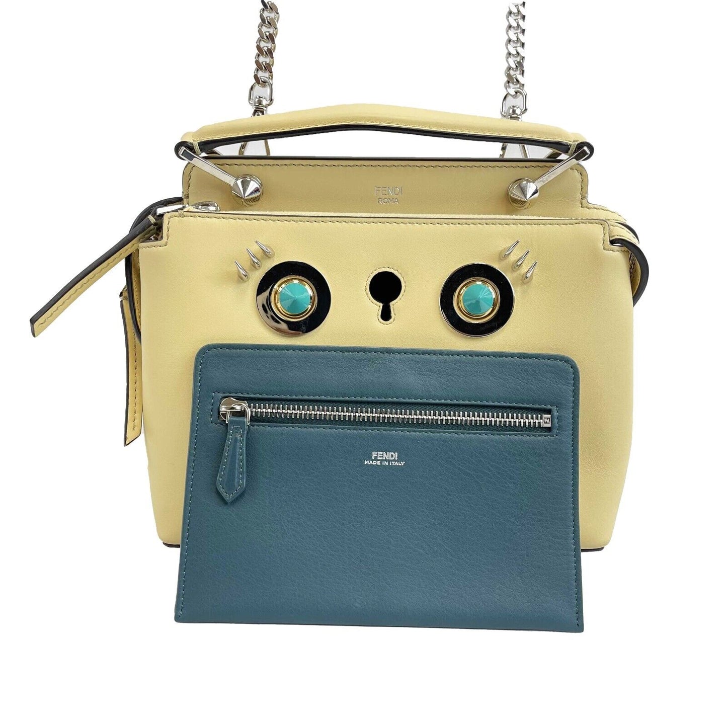 FENDI -DotCom Faces Convertible Small Yellow Satchel - Top Handle w/ Chain Strap