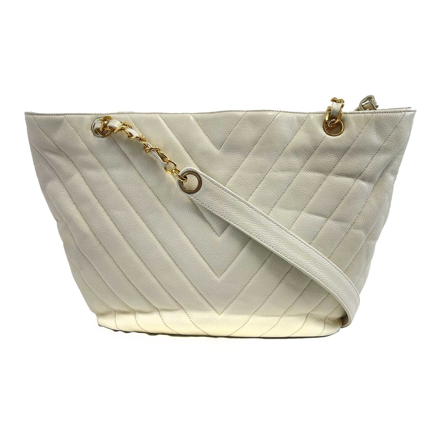 CHANEL - Vintage 1994 White Leather Small Chevron Tote / Shoulder Bag