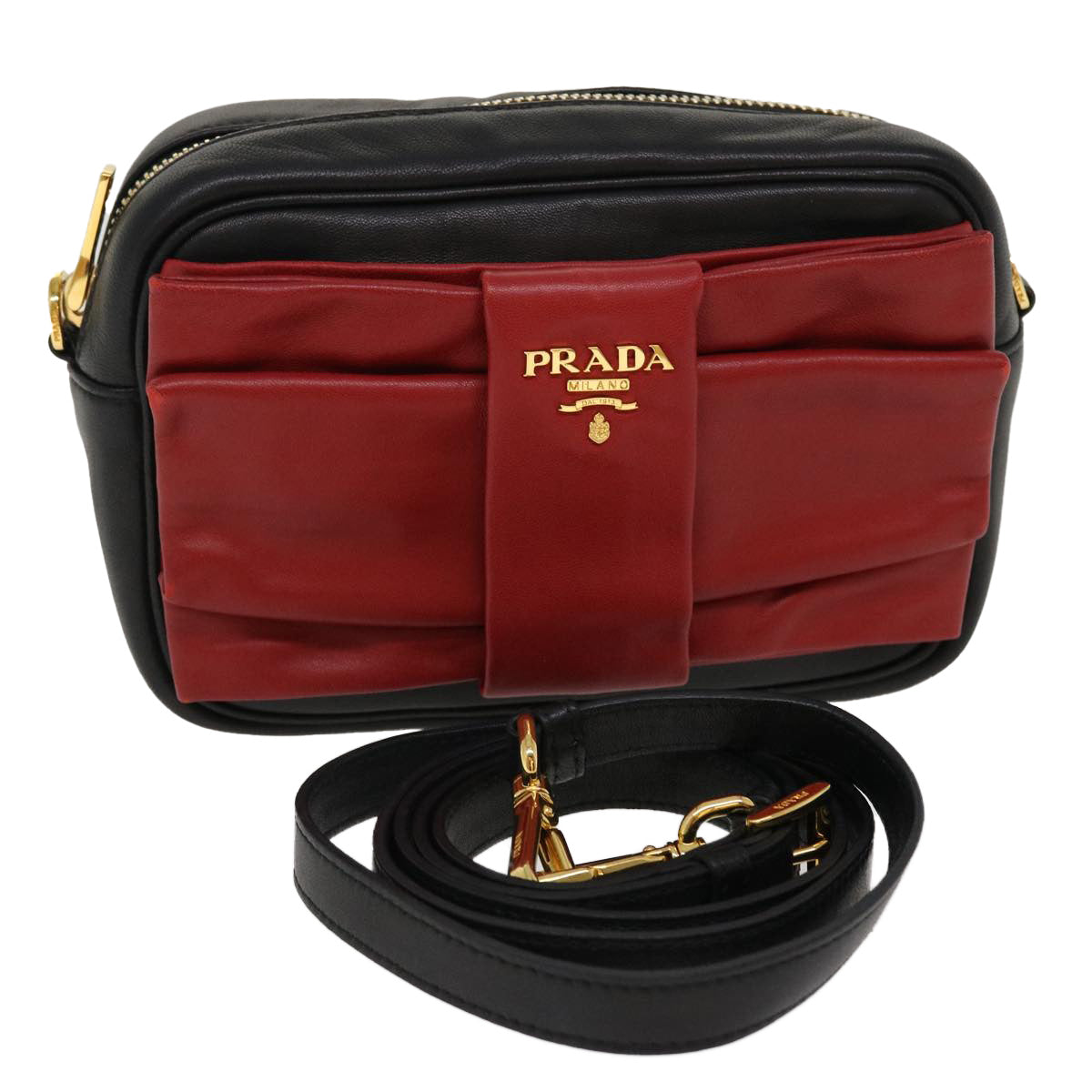 PRADA Ribbon Shoulder Bag Leather Red Black  39645A