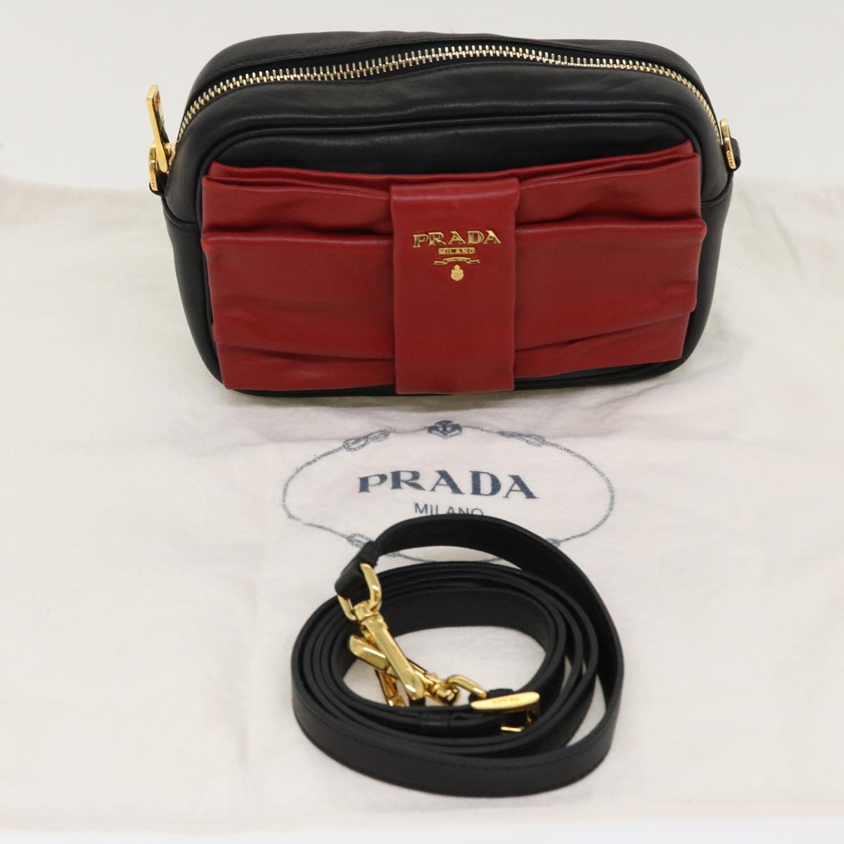 PRADA Ribbon Shoulder Bag Leather Red Black  39645A