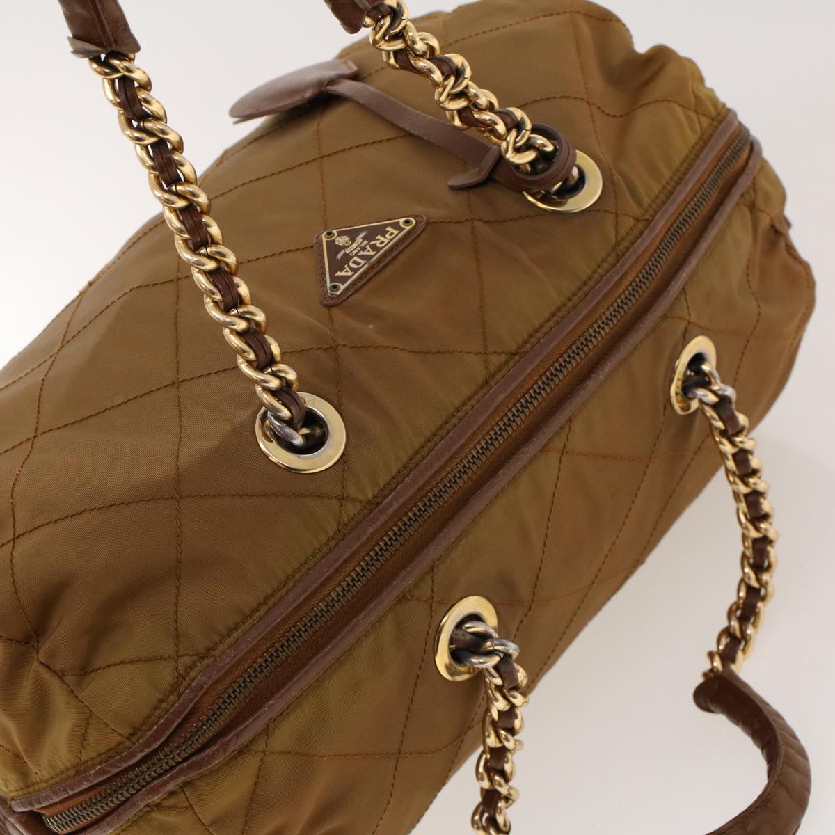 PRADA Chain Boston Bag Nylon Brown  41950