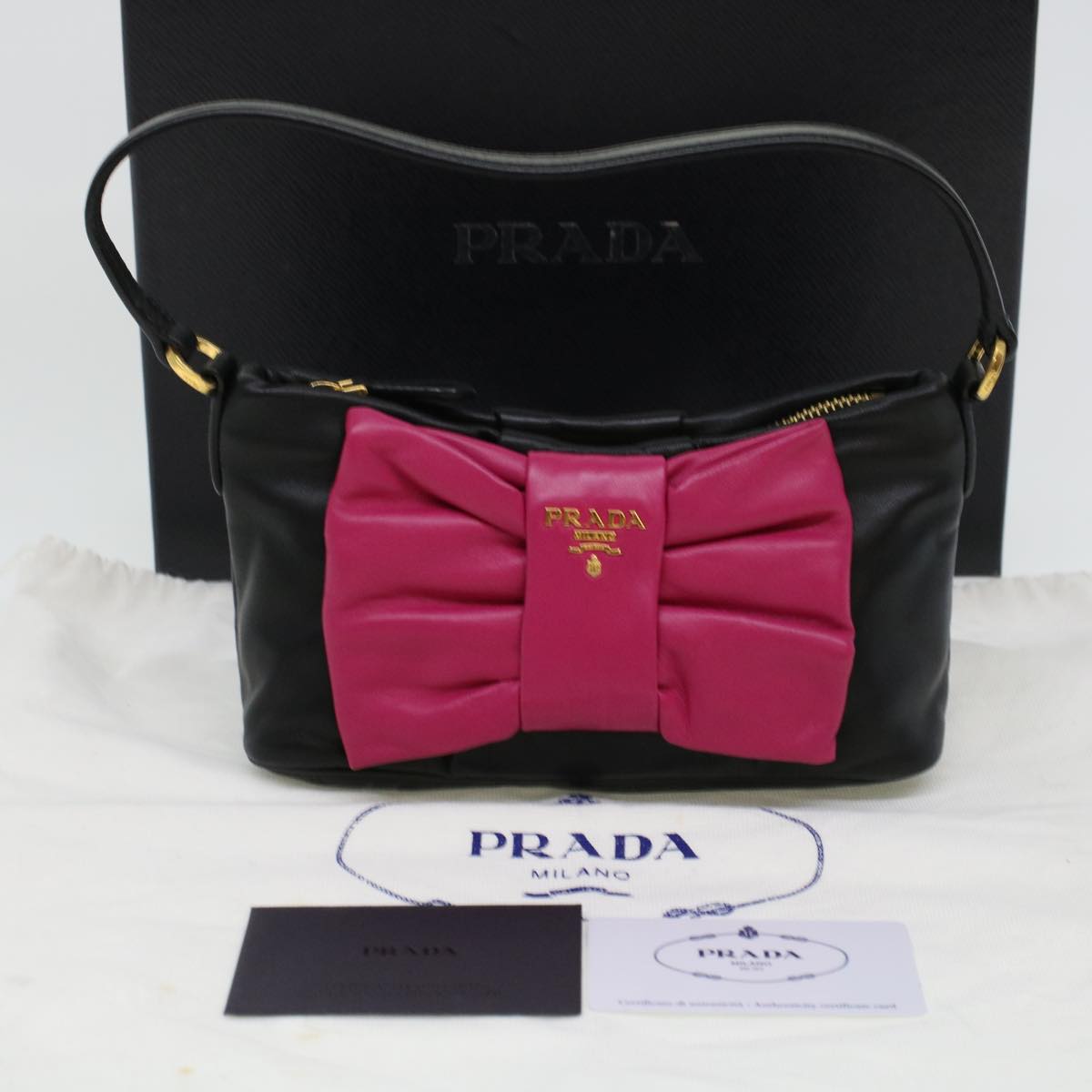 PRADA Ribbon Hand Bag Leather Black  43122A