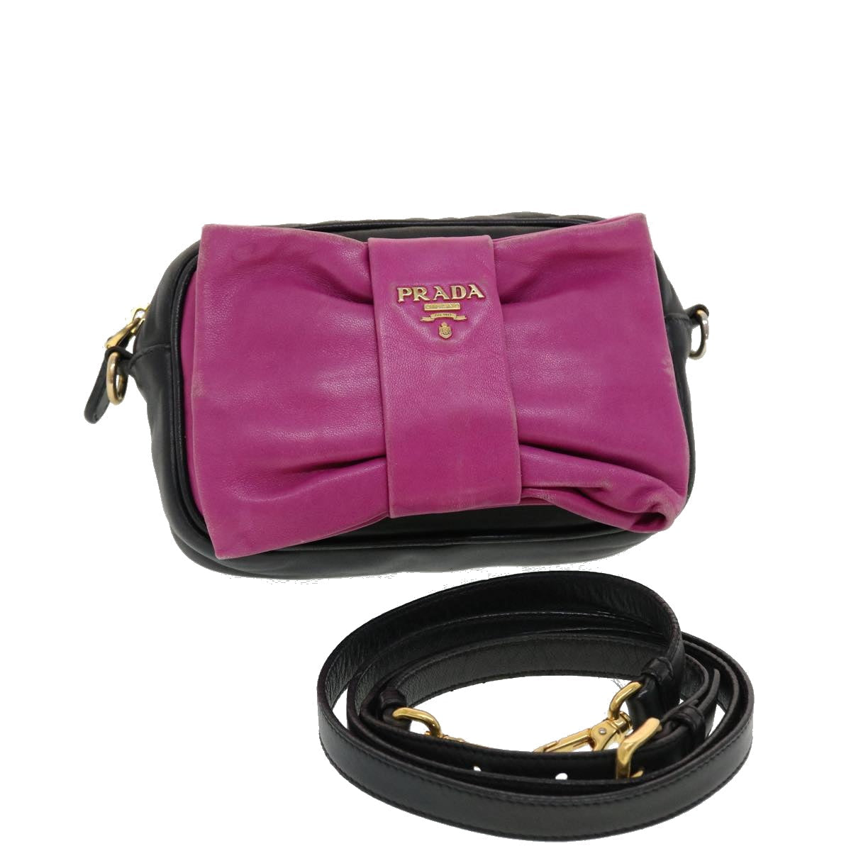 PRADA Ribbon Shoulder Bag Nylon Black Pink  43707