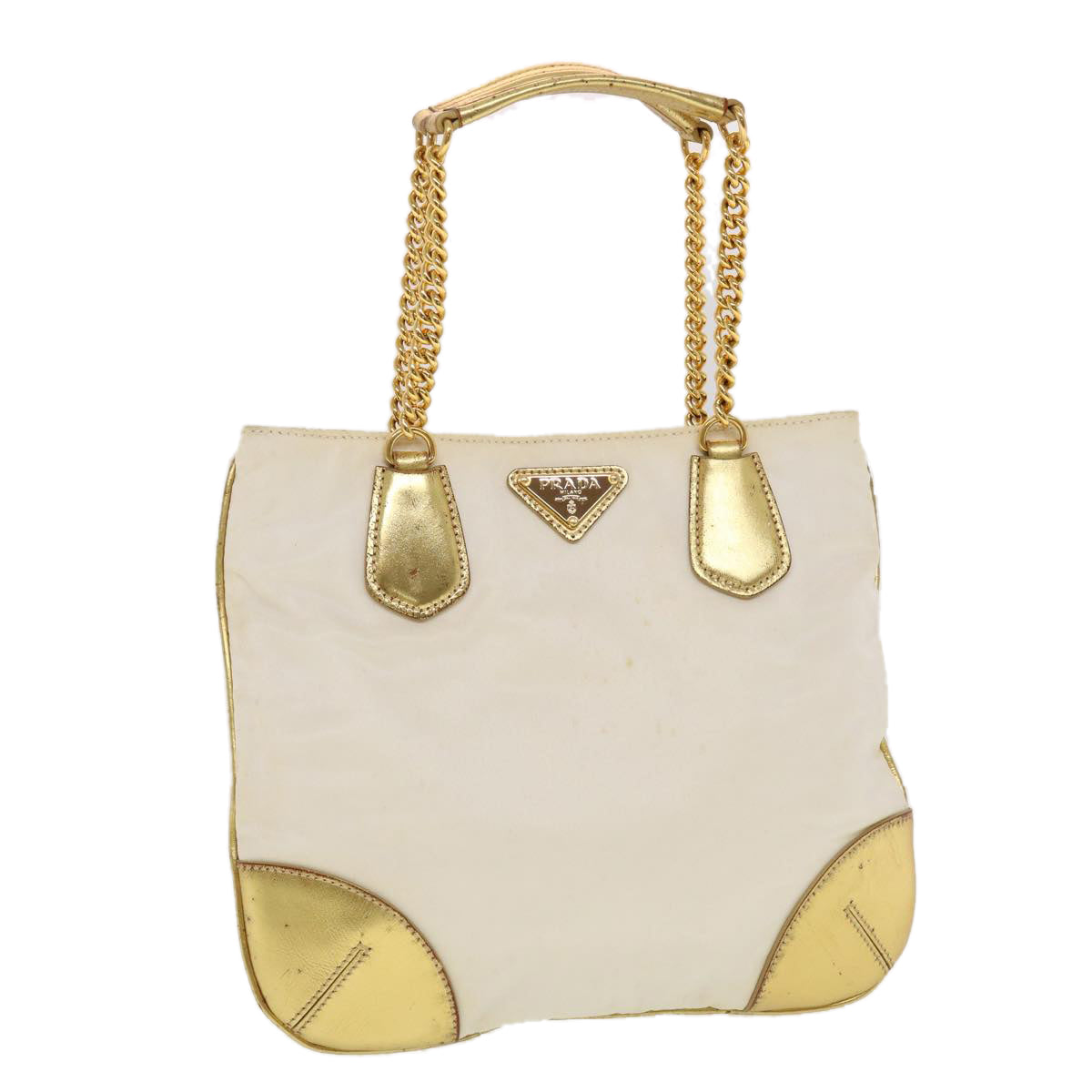 PRADA Chain Shoulder Bag Nylon White Gold  44147