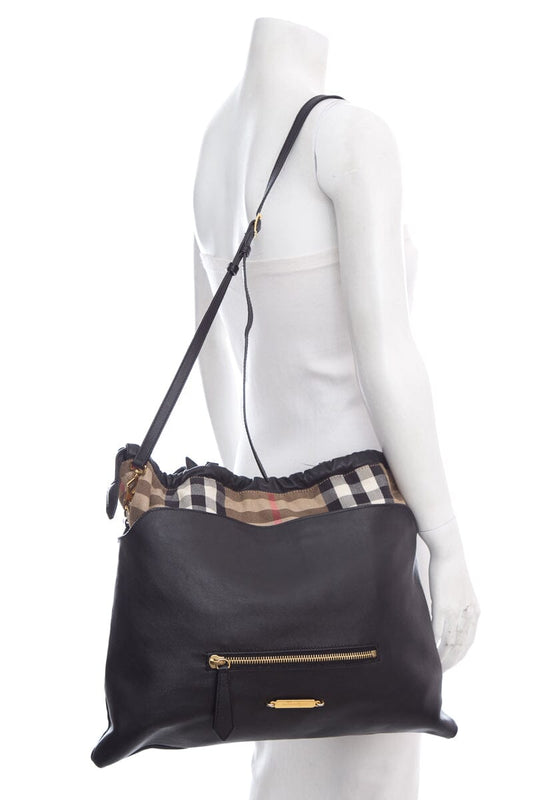 BBR House Check Big Crush Black Leather Tote Bag