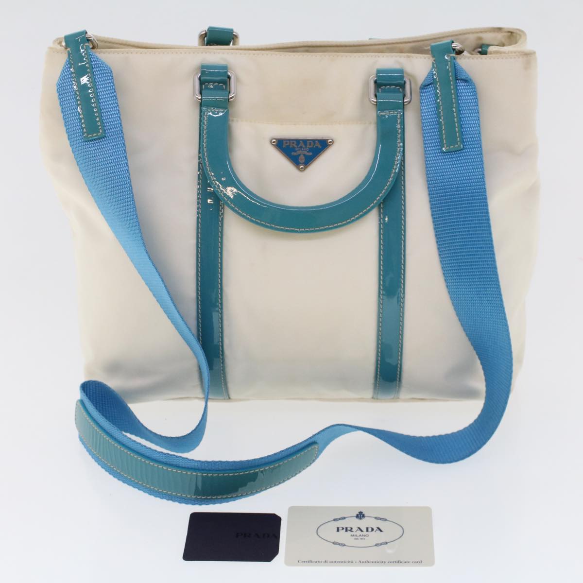 PRADA Hand Bag Nylon 2way White Turquoise Blue  48007