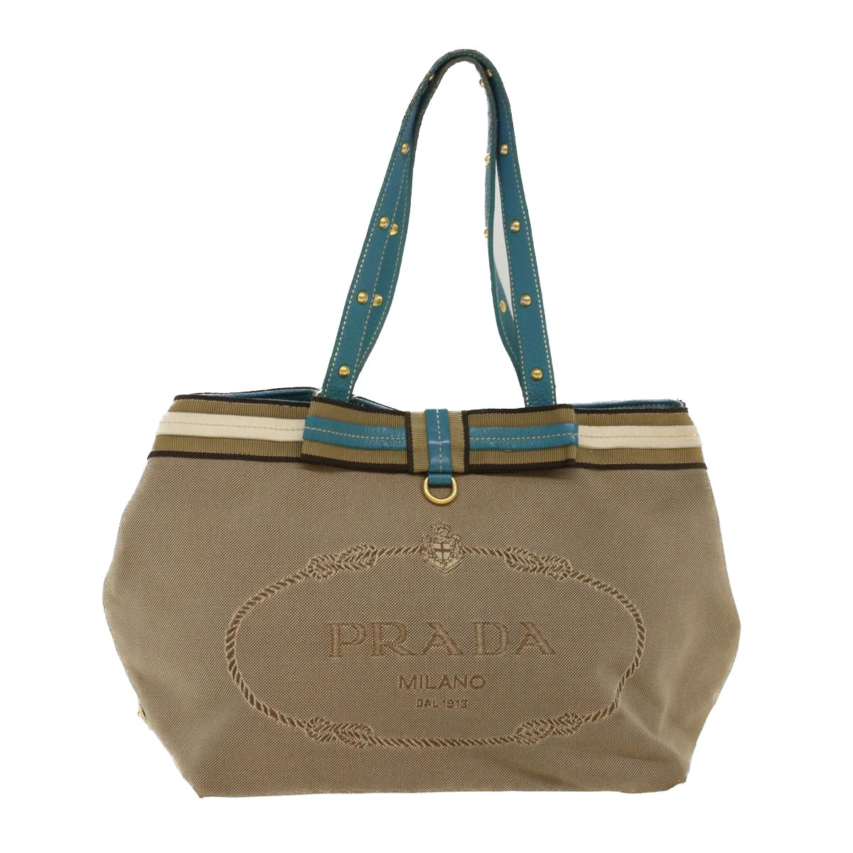 PRADA Tote Bag Canvas Leather Beige Light Blue  49046