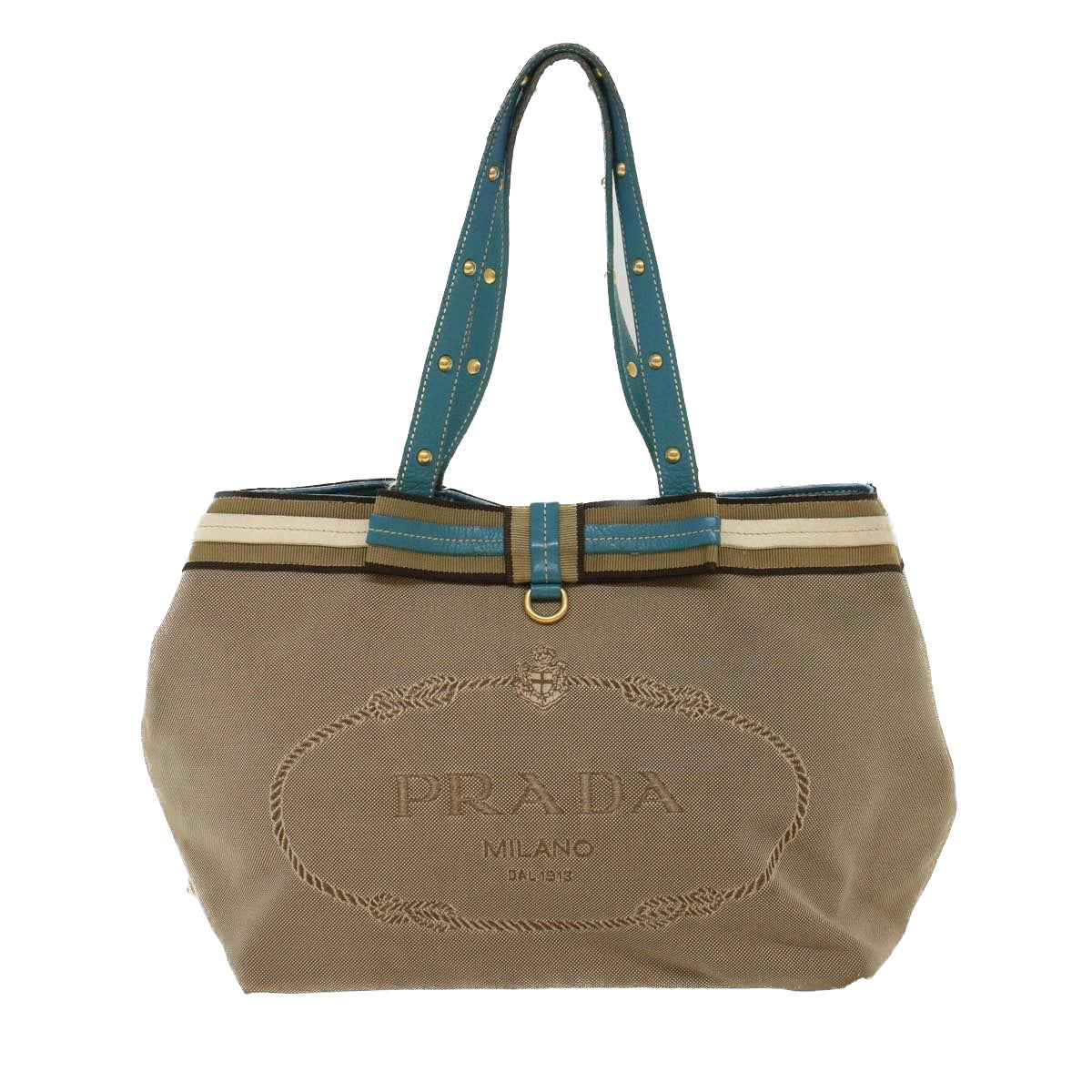 PRADA Tote Bag Canvas Leather Beige Light Blue  49046