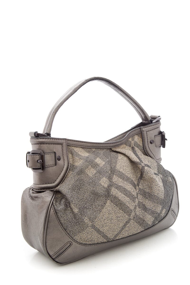 Burberry Silver Fairby Hobo Shimmer Nova Check Canvas Leather Trim Hobo