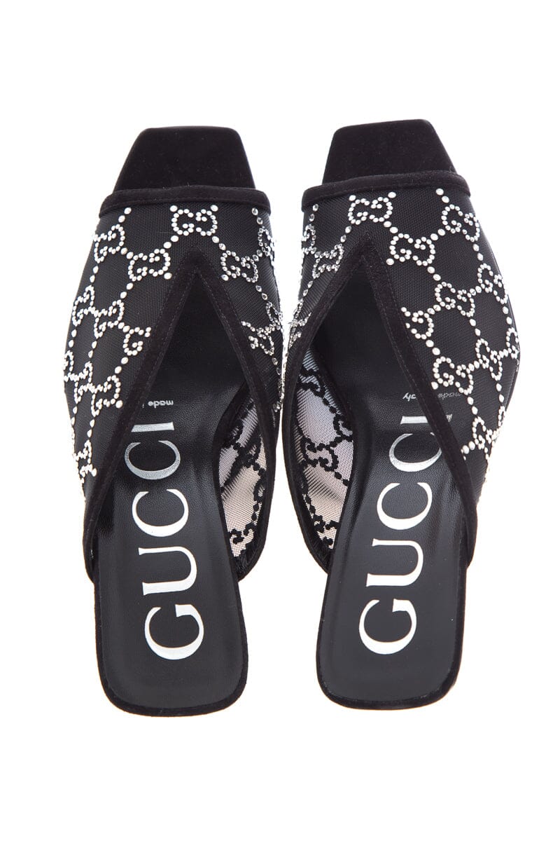 Gucci Black Mesh Gem Logo Heels SZ 36.5