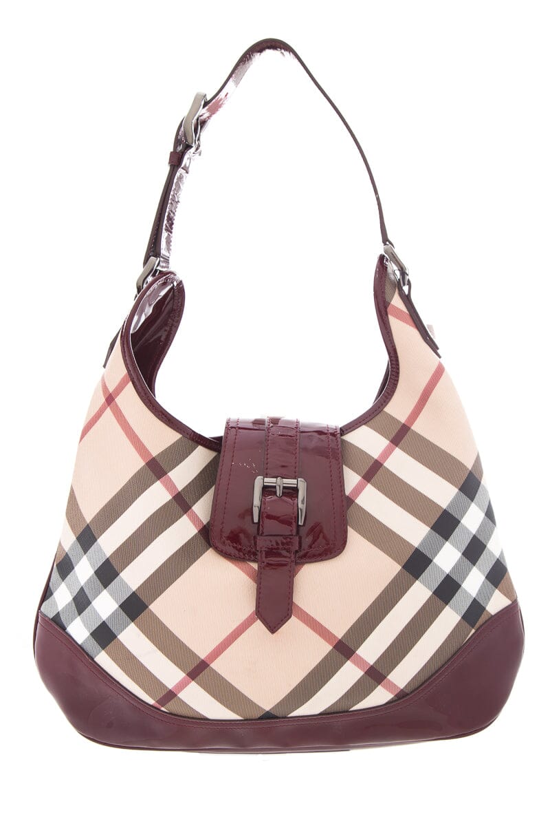 Burberry Burgundy Patent Leather Trim Plaid Handbag